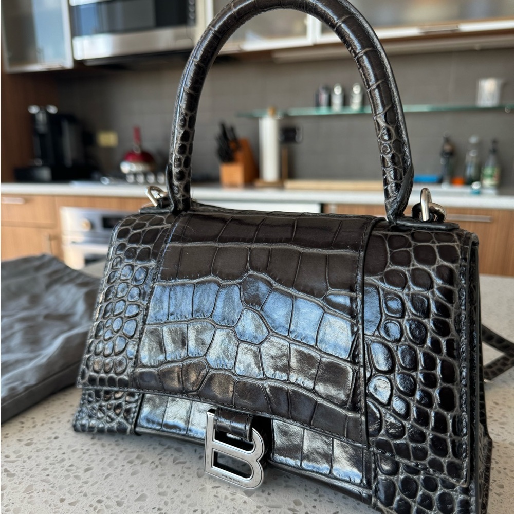 Balenciaga Hourglass Small Handbag Croc Embossed in Gray/Purple